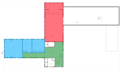 <p>Huidige plattegrond van de verdieping van gebouw 3 met in kleur de verschillende functies weergegeven.</p>

<p>Groen: gangstructuur<br />
Blauw: kantoren<br />
Rood: kantine met podium</p>
